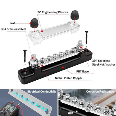 LENKRAD 150A Power Distribution Block with Cover + Ring Terminals, Auto Bus Bar 12V Marine Waterproof for RV, Boat Ground Negative Buss Bar Kit -2 x M6 Post + 6 x M4 Screws