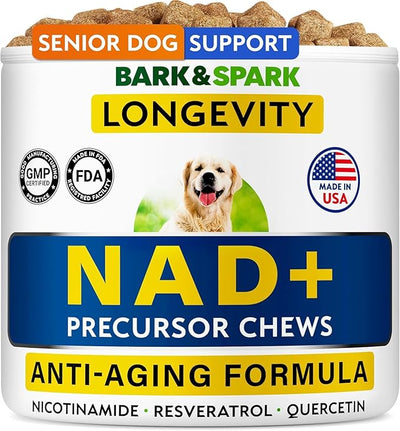 BARK&SPARK NAD+ for Dogs - Advanced Longevity Formula for Healthy Aging - Resveratrol, Quercetin & Nicotinamide - NMN Alternative for Senior Dog Vitality & Brain Health - Peanut Butter - 90 Ct