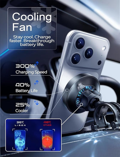 LISEN for Qi2.2 25W MagSafe Car Mount Charger，[Smart Cooling Fan＆95W Fast Adapter] Magnetic Wireless Car Charger, Phone Holders for Your Car Accessories for iPhone 17 Pro Max Air 16 15 14 13 12 | [Smart Cooling Fan] Magsafe Car Mount Charger, [Qi2 25W ...