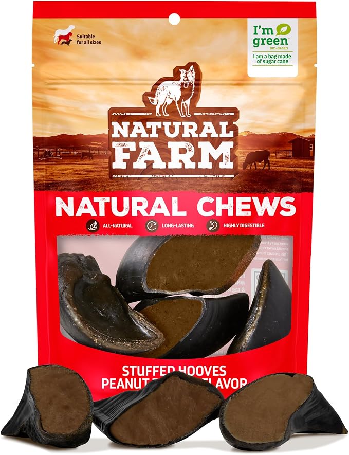 Natural Farm Peanut Butter Flavor Filled Cow Hooves for Dogs (4-Pack), Long-Lasting Natural Beef Bone Treats, Best for Small, Medium & Large Dogs