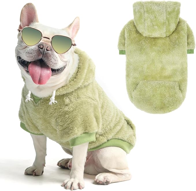 SCENEREAL Fleece Dog Sweaters Hoodie for Small Medium Large Dogs Girls Boys, Plush Fuzzy Dog Clothes Hoodies with Leash Hole, Winter/Fall Puppy Cold Weather Coat, Sherpa Hooded Sweatshirt, Green M