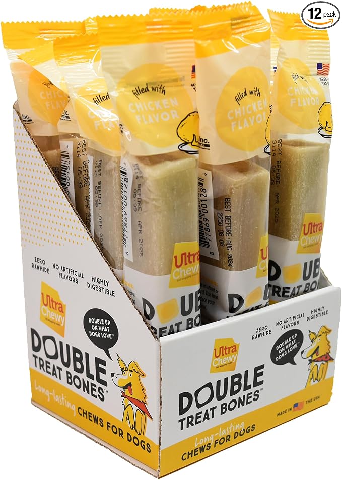 Ultra Chewy Chicken Double Treat Bones: Long-Lasting Dog Treats Made in USA for Large and Small Breeds, Highly Digestible, Ideal for Aggressive Chewers (12 Count)