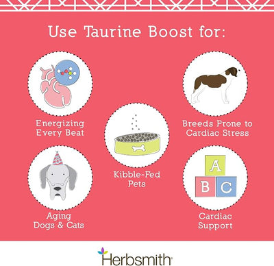 Herbsmith Taurine Boost - Cardiac and Heart Support for Dogs and Cats - Taurine Supplement for Dog and Cat Heart Health – with CoQ10, Taurine and L-Carnitine for Dogs - 150g