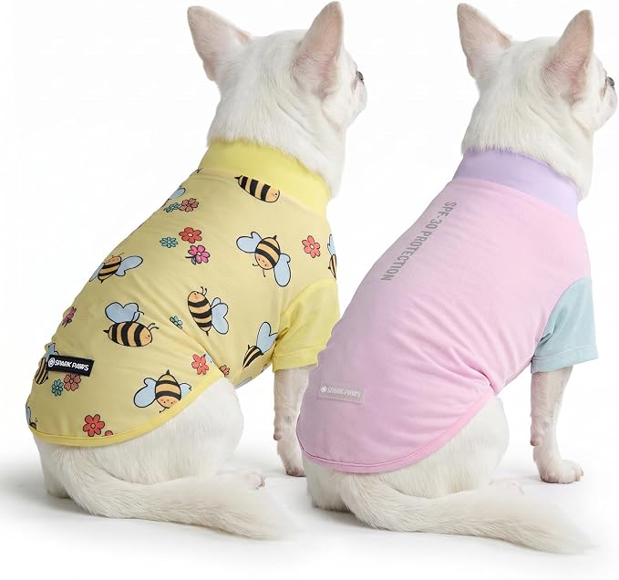 Spark Paws Sunblock Dog T-Shirt, SPF30 Protection, Lightweight Breathable Quick Dry for Dogs with Sensitive Skin - Bees & Gelato (Set of 2) - Size M