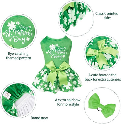 CuteBone St.Patrick's Day Dog Green Dress Velvet for Small Dogs Girl Puppy Dresses Clover Dog Clothes