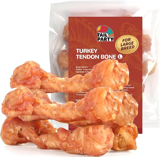 TailParty Turkey Tendons for Dogs (Bone, L, 8 oz), All Natural Dental Chews for Large Dogs, Rawhide Alternative, Long-Lasting Training-Reward Treats for Health-Conscious Pet Owners