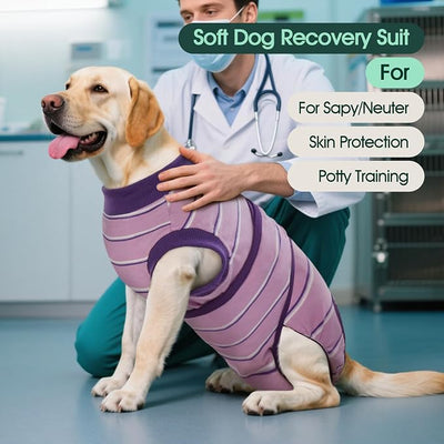 Kuoser Dog Surgery Recovery Suit, Soft Breathable Dog Recovery Suit for Female Spay Male Nueuter, Anti Licking Puppy Onesie Pet Surgical Suit for Dogs Abdominal Wounds Skin Disease, Purple Strips M