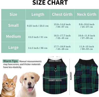 6 Pieces Warm Fleece Vest With Leash Ring - Dog Sweatshirt Winter Pet Clothes Plaid Pullover for Puppy Small Dogs Cat, Large