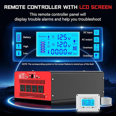OLTEANP 3000 Watt Power Inverter 12V DC to 110V AC Car Inverter with 4 AC Outlets, 30W Type-C Port, 3.1A USB Port, Remote Controller on LCD Screen, Power Converter for Truck, Home, Vehicles,Trip