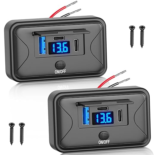 90W 12V USB Outlet Panel Wall Mount, Dual 36W USB C and QC 3.0 18W Car USB Port Charger with Voltmeter Button Switch, Waterproof 3 USB Multi Port Power Outlet DIY 12V Accessories for Car Bus RV -2 PC