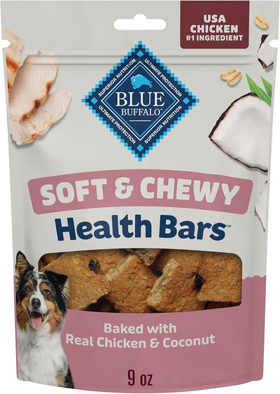Blue Buffalo Soft & Chewy Health Bars, Baked with Real Chicken & Coconut, Natural Dog Treats Mineral-Enhanced for Flavor, 9 oz. Bag