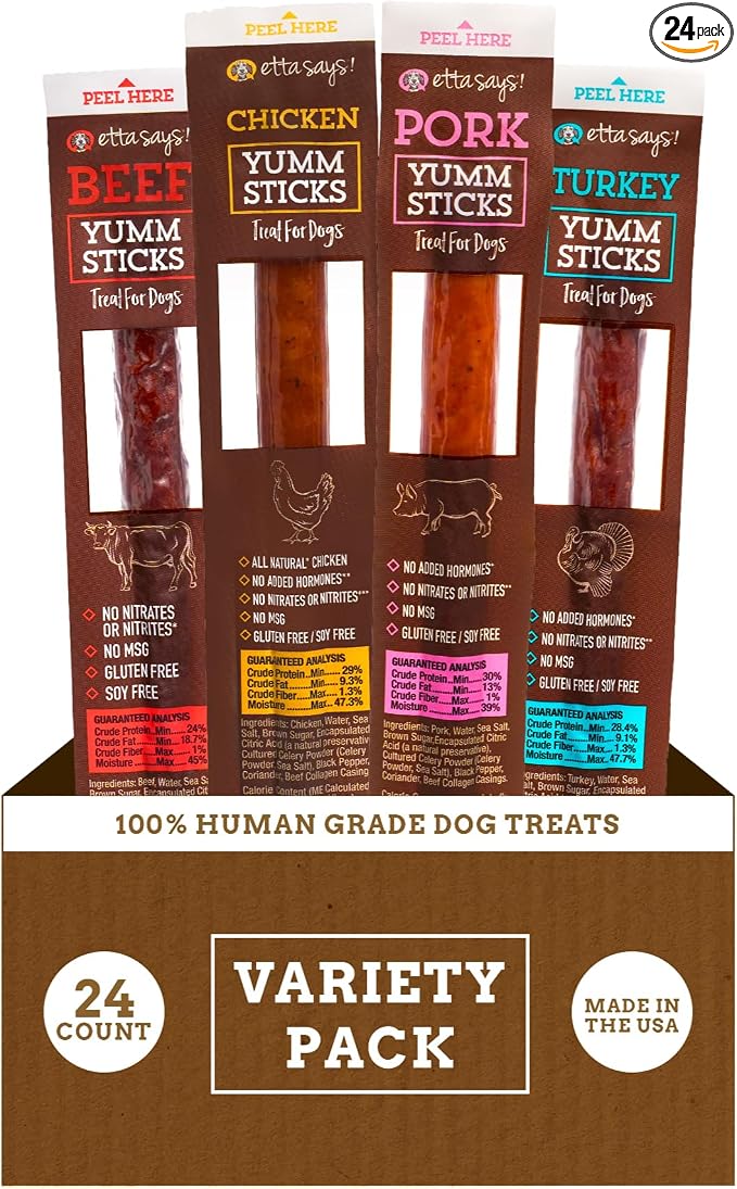 etta says! Yumm Sticks - Real Meat Dog Jerky Treats - Beef, Chicken, Pork, and Turkey Variety Pack - Human Grade - Made in The USA (24 Count Pack of 1)