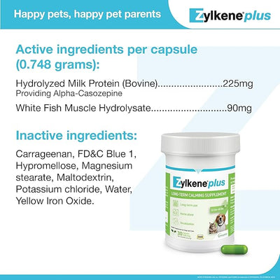 Vetoquinol Zylkene Plus Long-Term Calming Supplement with Alpha-Casozepine and White Fish Muscle Hydrolysate for Cats and Medium Dogs 22-65 lbs, Daily Behavioral Support for Dogs, 225 mg