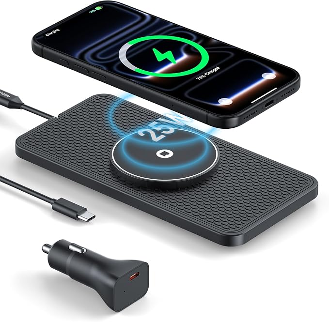 25W Magnetic Wireless Car Charger Pad, REESTECQI for MagSafe Car Charger with 45W USB-C Car Charger, Anti-Slip Wireless Charging Pad for Car Compatible with iPhone 17 16 15 14 13 12 (30CM Cable)