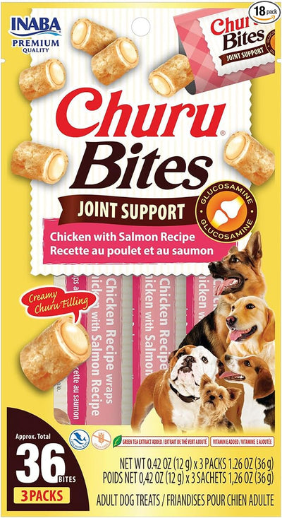 INABA Churu Bites Joint Support for Dog, Functional Lickable Dog Treat with Taurine & Green Tea Extract, 1.26oz Each, 18 Tubes Total, Chicken with Salmon Recipe