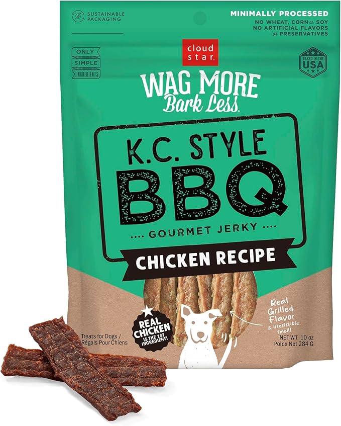 Cloud Star Wag More Bark Less - Dog Treats - Jerky - Kansas City BBQ Chicken - 10 oz Pouch