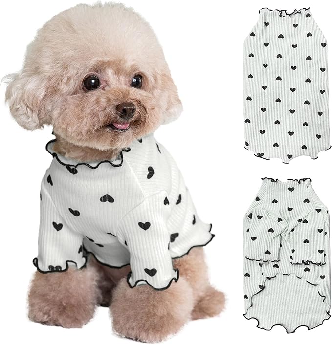 Pet Clothes for Small Dogs Cat Summer Fall Heart Print Shirt Stretchable Ruffle Long Sleeve Outfits for Chihuahua Schnauzer Shih Tzu Yorkie (Grey, Large)