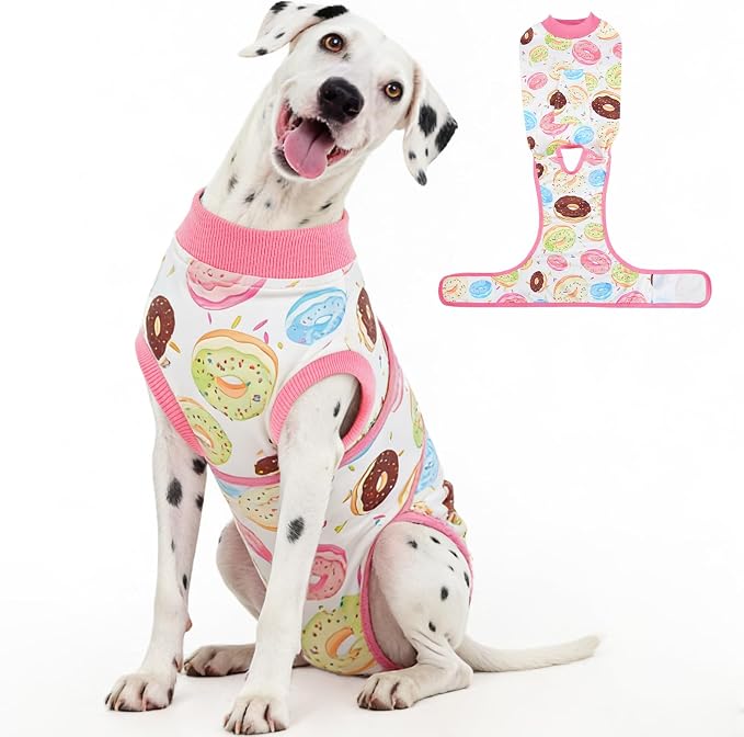 Kuoser Dog Surgery Recovery Suit, Soft Breathable Dog Recovery Suit for Female Spay Male Nueuter, Anti Licking Puppy Onesie Pet Surgical Suit for Dogs Abdominal Wounds Skin Disease, Donut XL