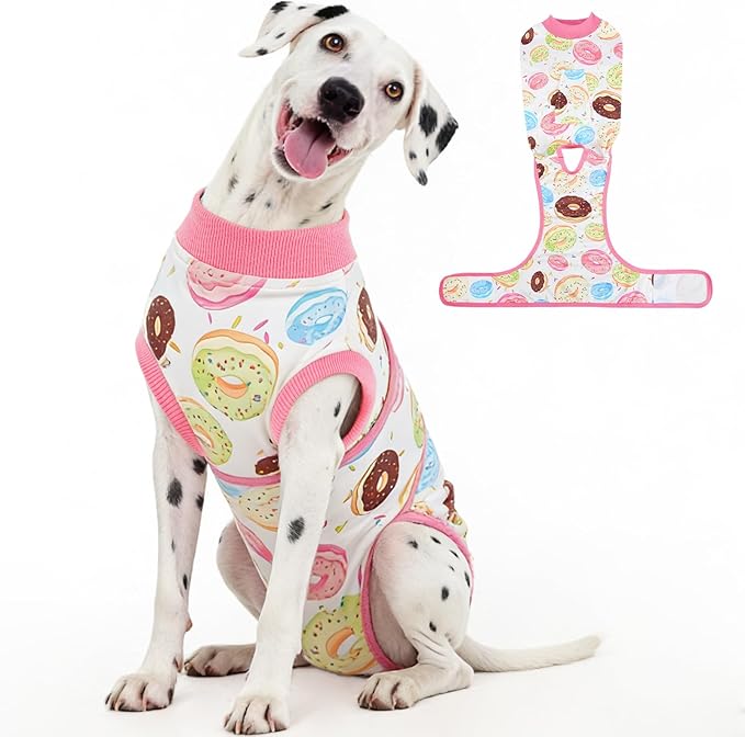 Kuoser Dog Surgery Recovery Suit, Soft Breathable Dog Recovery Suit for Female Spay Male Nueuter, Anti Licking Puppy Onesie Pet Surgical Suit for Dogs Abdominal Wounds Skin Disease, Donut 2XL