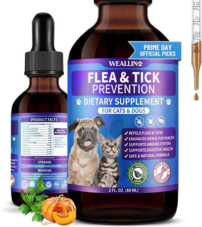 WEALLIN Flea and Tick Prevention Support for Cats and Dogs Natural Flea Treatment Drops with Multivitamin for Pets Oral Natural Supplement Flea and Tick Treatment Drops for All Breeds and Ages