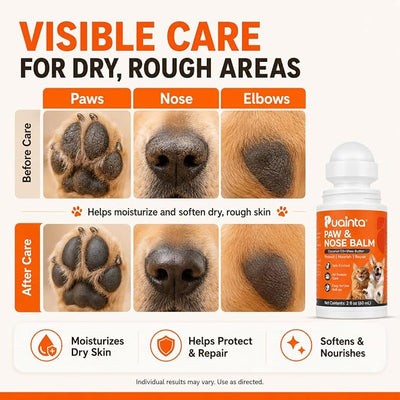 PUAINTA Dog Paw & Nose Balm, Roll-On | Lick-Safe All-Natural Moisturizer for Dry Cracked Paws & Snout | Paw Nose Elbow 3-in-1 | Hot Pavement & Winter Protection for Dogs (2oz)