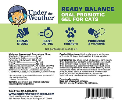 Under the Weather Pet | Ready Balance for Cats | Oral Probiotic and Prebiotic Gel | Maximum Strength Digestive Support | Beneficial Bacteria, Live Probiotics, Vitamins & Prebiotic Inulin