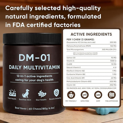 DM-01 Daily Multivitamin, Multivitamin Itch Relief Chews for Dog, with Folic Acid, Salmon Oil, Chondroitin & Natural Vitamins, Skin and Coat Healthy, Digestive & Boost Immunity, 60 Chew (Beef)