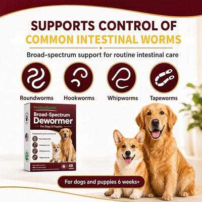 Dog Dewormer for Dogs & Puppies, Fenbendazole All Wormers Tablets for Tapeworms, Roundworms, Hookworms & Whipworms, 48 Count