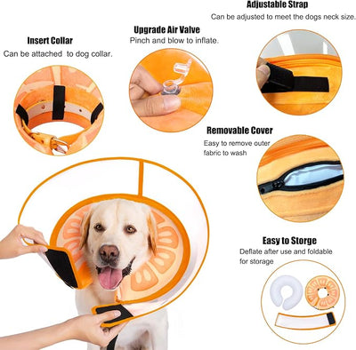 Inflatable Dog Cone Collar for Large Medium Small Dogs, Soft Dog Donut Collar Adjustable Recovery Cone for Pets After Surgery, Extra Enhanced Anti-Licking Guard Shield for Pets (Large, Orange)
