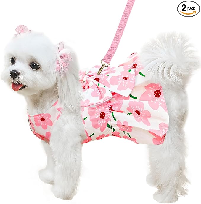 ABRRLO Cute Dog Dress Small Dog Clothes For Girls Female Puppy Outfits Pink Floral Pet Summer Clothes Bowknot Doggy Cat Princess Dress Harness Set for Holiday Birthday Party Costume Clothing (Pink,XS)