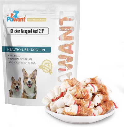 Chicken Wrapped Rawhide Bones, 2.5 Inch Mini Knots Dog Treats, High Protein 65% Puppy Chews and Satisfying Rewards for All Breeds, 16 Ounces