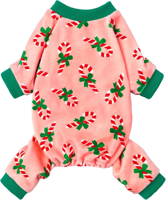 Fitwarm Candy Cane Dog Pajamas, Cozy Christmas Clothes for Small Dogs Girl, Holiday Pet Outfit, Pink, Green, Red, XXL