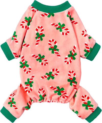 Fitwarm Candy Cane Dog Pajamas, Cozy Christmas Clothes for Small Dogs Girl, Holiday Pet Outfit, Pink, Green, Red, XXL