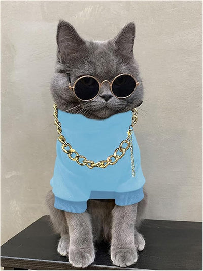 QWINEE 3Pcs Dog Hoodie Cat Apparel Dog Custume Set with Necklace and Sunglasses Pet Clothes for Puppy Small Medium Dogs Cats Light Blue XX-Small