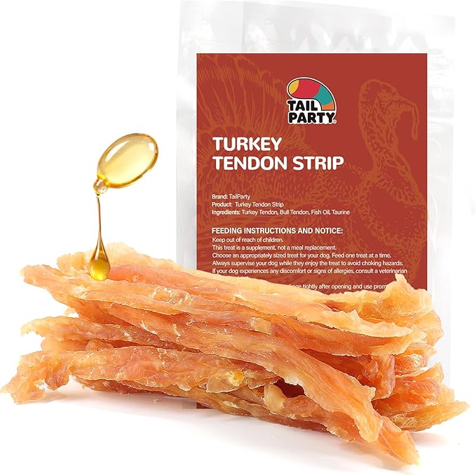 TailParty Turkey Tendons for Dogs with Fish Oil & Taurine (Strip, 8 oz), All Natural Dental Chews & Training Treats, Long Lasting Snack for Health-Conscious Pet Owners
