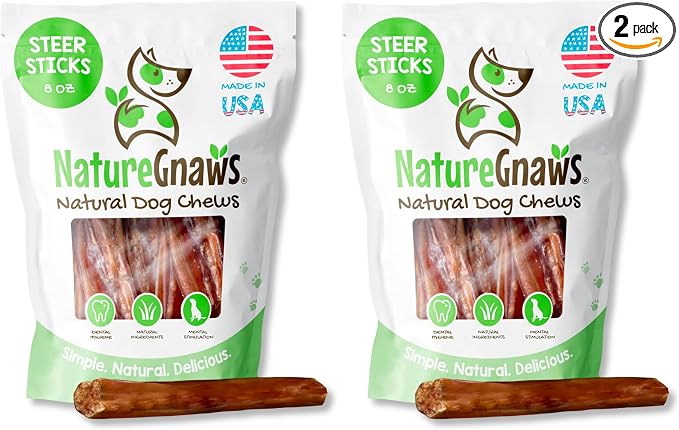 Nature Gnaws USA Steer Sticks for Dogs 5-7" (8oz) - Mixed Thickness - Long Lasting for Aggressive Chewers and Large Dogs - Natural Beef Bully Dog Chew Bones (Pack of 2)
