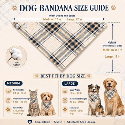 Valentine Embellished Plaid Dog Bandana - Adjustable Soft Triangular Scarf for Dogs, Chic Daily Wear,Beige & Navy Large