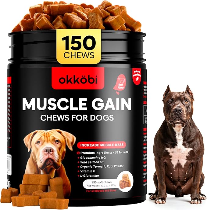 11-in-1 Muscle Gain Chews - Weight Gain Supplements for Dogs with High Protein & Amino Acids - Premium Muscle Builder for Bully & All Breeds - Healthy for Puppies - 150 Chews - Beef