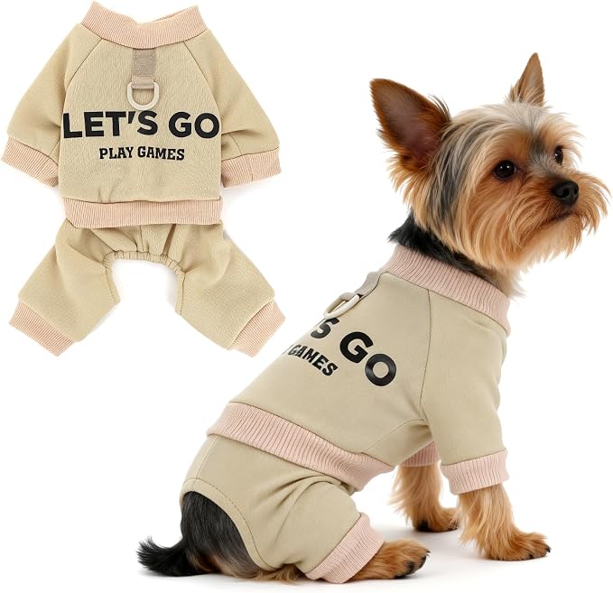 Warm Dog Winter Coat with Built-in Leash Ring, Fleece 4-Legged Sweatshirt Jumpsuit, Cute Let's Go Print Puppy Clothes for Small Dogs Boy Girl, Cold Weather Outfit