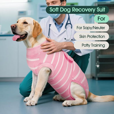 Kuoser Dog Surgery Recovery Suit, Soft Breathable Dog Recovery Suit for Female Spay Male Nueuter, Anti Licking Puppy Onesie Pet Surgical Suit for Dogs Abdominal Wounds Skin Disease, Pink Strips XS