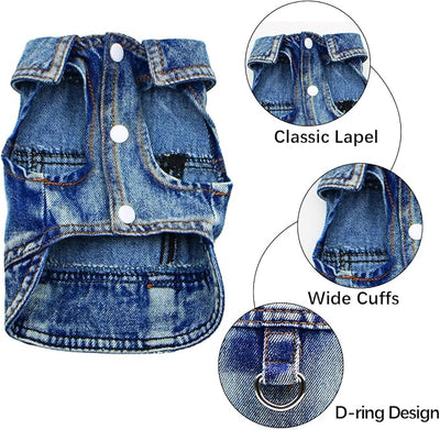 Dog Jean Jacket, Blue Denim Shirt Classic Lapel Vest Coat Costume Puppy T-Shirt, Comfort Tank Top Cool Apparel, Washed Pet Clothes for Dogs Boy Girl (with D-Ring, X-Small)