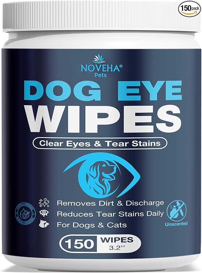 NOVEHA 150PCs Dog Eye Wipes Tear Stain Remover For Discharge and Crust | White Dog Face Wipes | Easy Daily Pets Gentle Eye Cleaner for Whitening & Cleansing Without Irritation | Round Wipes