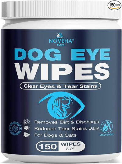 NOVEHA 150PCs Dog Eye Wipes Tear Stain Remover For Discharge and Crust | White Dog Face Wipes | Easy Daily Pets Gentle Eye Cleaner for Whitening & Cleansing Without Irritation | Round Wipes