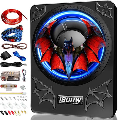 1600W 10" Slim Under Seat Subwoofers with Built-in Amp | LED Ambient Light, Deep Bass, Individual Controls (LPF/Gain/Bass Boost), High Output Distortion-Free Audio, Suitable for All Vehicle Models