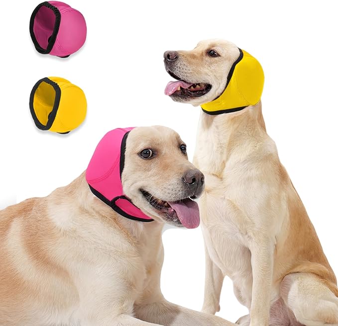Dog Ear Covers,Dog Ear Muffs Noise Protection,No Flap Ear Wrap for Dogs Hematoma Recovery,Adjustable Calming Hoodie Shower Cap for Grooming,Bathing,Swimming & Anxiety Relief(Fuchsia&Yellow,S)