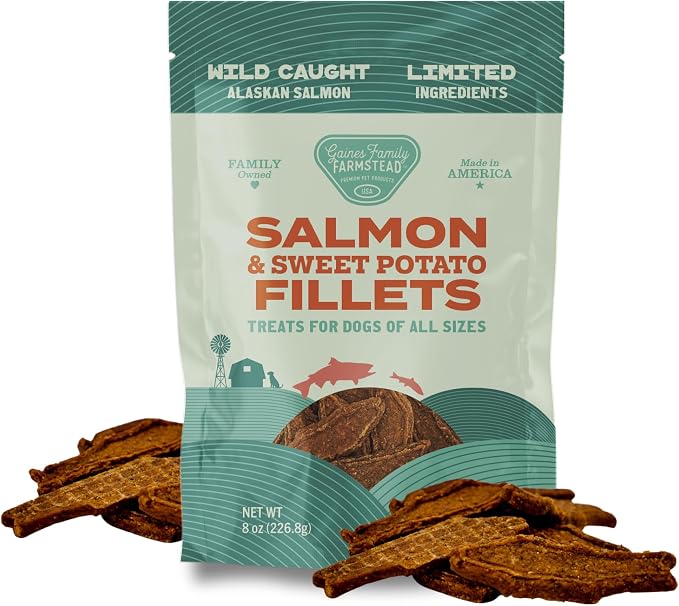 Gaines Family Farmstead Salmon & Sweet Potato Fillets for Dogs – 8 oz, All-Natural Soft Chews, Wild-Caught Alaskan Salmon, Limited-Ingredient Dog Treats, Made in USA