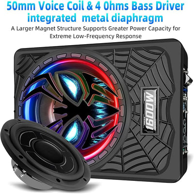 1600W Slim Underseat subwoofers 10" Powered Sub with Amp Package | RGB Ambient Lights, Individual Controls (LPF/Gain/Bass Boost), Distortion-Free Deep Bass, Universal Fit for All Vehicle Models