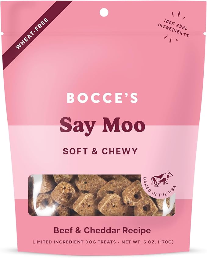 Bocce's Bakery Oven Baked Say Moo Treats for Dogs, Wheat-Free Everyday Dog Treats, Made with Real Ingredients, Baked in The USA, Natural Soft & Chewy Cookies, Beef & Cheddar Recipe, 6 oz