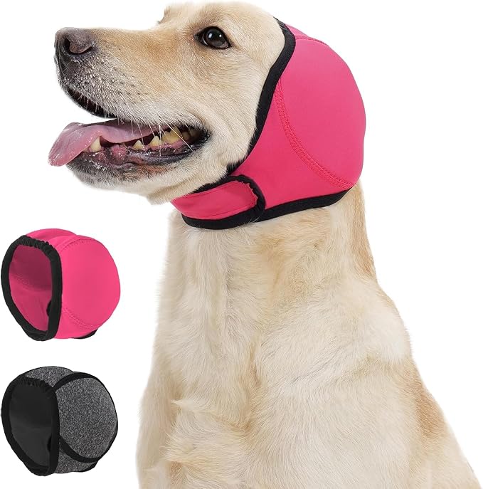 Dog Calming Hoodie Quiet Ear Cover for Noise Protection Anxiety Relief Ear Muffs, No Shake Ear Wraps for Dogs, Swim Cap Bath Blow Drying Headband Wraps for Ear Hematoma Groom Fireworks(Pink, Small)