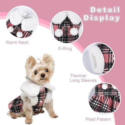 XS Dog Sweater with Leash Set D Ring Plaid Fleece Dog Clothes for Small Dogs Girl Boy Spring Pet Dress, Cold Weather Dog Coat Sweater for Chihuahua Yorkie Cat Puppy Costumes, Pink, XS